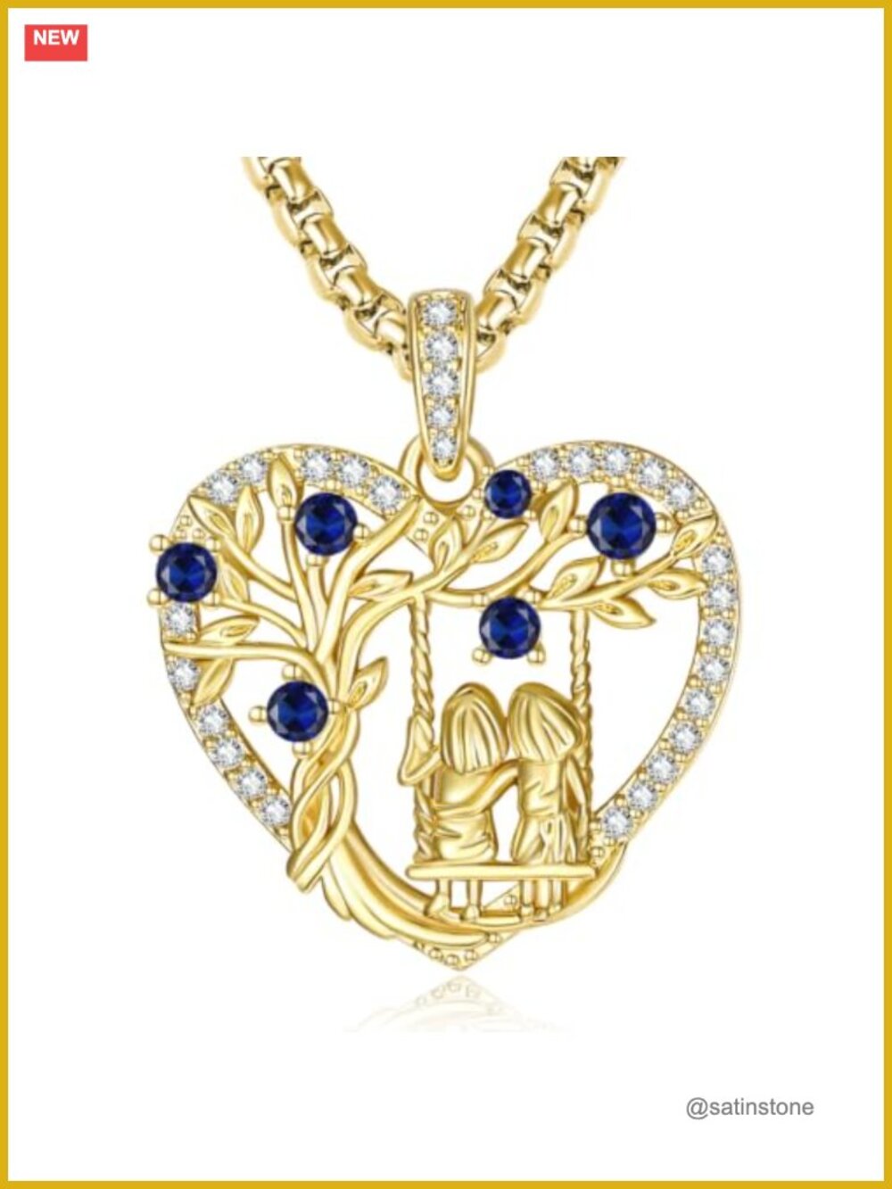 14K Gold Plated Tree of Life Heart Pendant Necklace Sapphire September